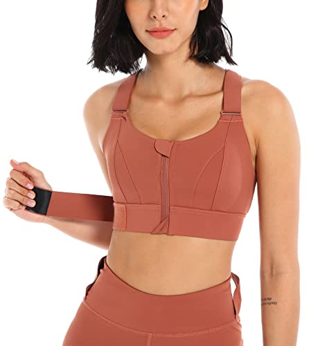 SEAUR Sport-BH fast bröstvaddering främre dragkedja dam-bh med justerbara/ej justerbara remmar träning bustier för löpning yoga, (stil 1, justerbar) röd, XXL