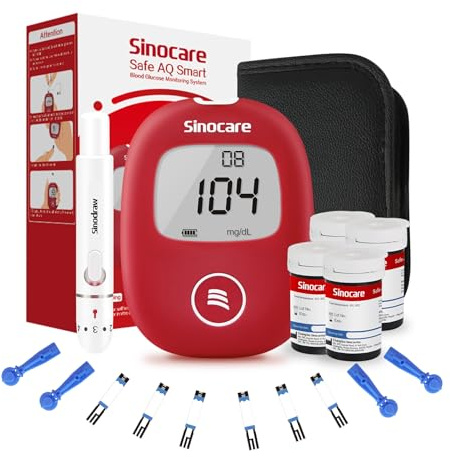 Sinocare Safe AQ Smart Misuratore Glicemia Glucometro con 100 Strisce-mg/dL | Facile Test Precisione in 5s, Basso livello di dolore, Memorizza 99 valori,Non Codifica, Kit completo per diabete a casa