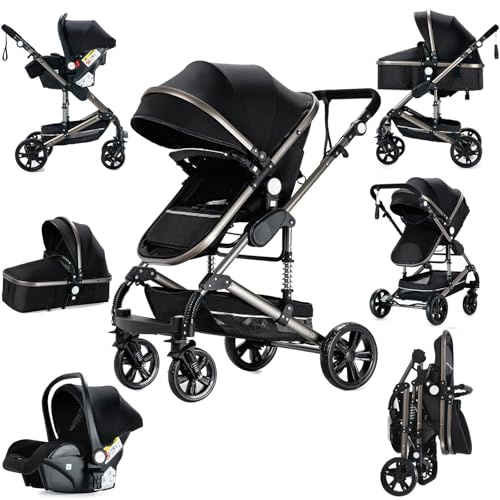 Prokoke Kinderwagen 3 in 1, Buggy mit Umkehrbarem Zwei-Wege-Schub, Kinderwagen Rahmen Aluminiumlegierung, Kombikinderwagen 3 in 1 Einem Klick Faltbar Baby Kleinkind Neugeborene (739 Black)