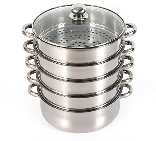 Olla de vapor con 5 niveles de acero inoxidable, 26/28/30 cm de acero inoxidable con tapa de cristal y dos compartimentos de vapor, mango engrosado, compatible con mayoría placas de cocción (26cm)