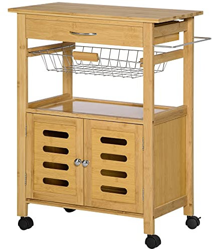 HOMCOM Desserte Cuisine sur roulettes Chariot de Service Meuble de Rangement avec Un tiroir, Un Panier Coulissant, Un Porte-torchon et Armoire en Bambou