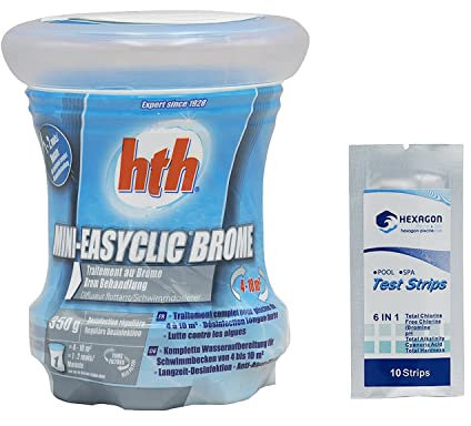 HTH Mini EASYCLIC Brome - Diffuseur Flottant 4-10m3-0,35kg | Brome Lent - Désinfection Régulière Longue Durée - Dissolution Lente + 10 Tests HPS OFFERTS 6 en 1