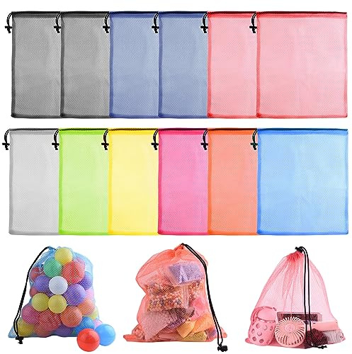 PLULON 12 Pcs Mesh Bag Drawstring Mesh Laundry Bags, 13 x 15.5 Inch Nylon Drawstring Bag for Pool Beach Ball Toys Storage Bag for Collecting Travel Sports Gym (Multicolor)