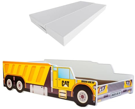 KOBI Kinderbett Auto Fahrzeug Auto | Betonmischer LKW Rührwerk | Kinderbett Jungen Mädchen | mit Lattenrost und Matratze | Hüttenbett mit Barriere (Betonmischer, 140x70)