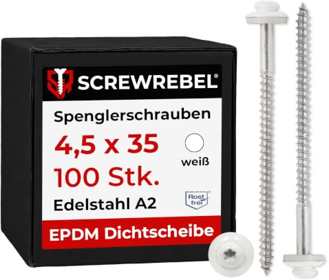 Spenglerschrauben Edelstahl A2 mit EPDM-Dichtscheibe 15 mm - 4,5 x 35 mm - weiß RAL 9010 TX20, 100 Stück