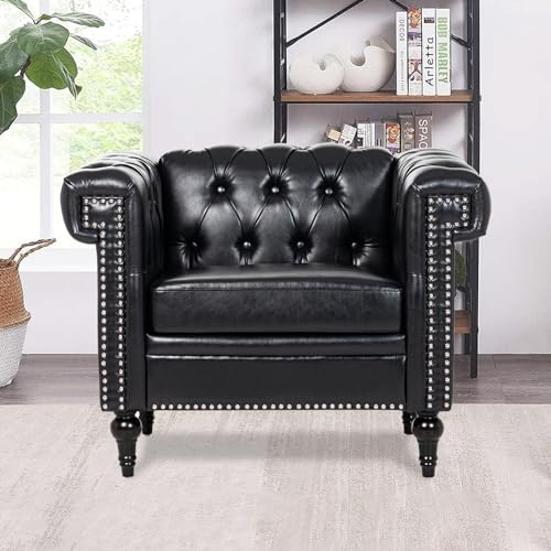 TINGMAMADEHUA Modern Black Chesterfield Armchair - Faux Leather Upholstery with Tufted Back Club Wingback - Ergonomic Accent Chair for Living Room, Office, Bedroom, Study
