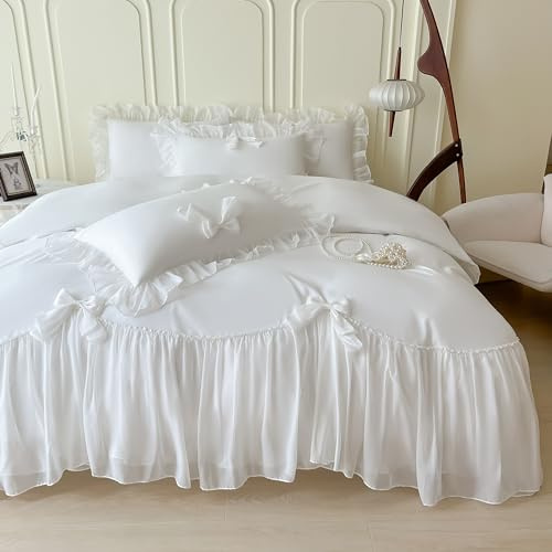 SOUKECHY Ruffled Bedding Bow Duvet Cover Set with Butterfly Tie, Soft Brushed Microfiber Shabby Chic Bedding Set with Zipper Closure-White,Queen