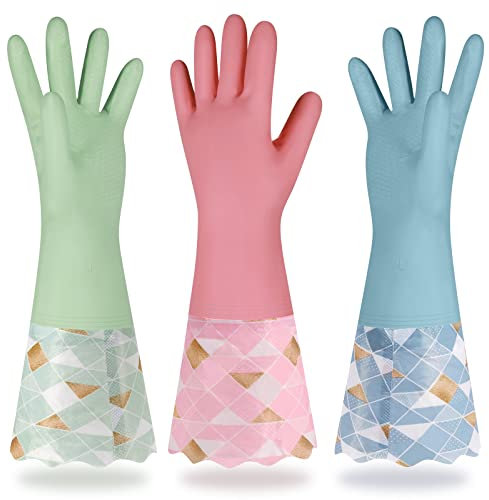 Yiomxhi 3 Paar Haushaltshandschuhe mit Innenfutter aus Baumwolle, Wiederverwendbare Küchenhandschuhe Latexfrei Reinigungshandschuhe Damen für Putz- und Pflegearbeiten