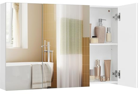 VASAGLE KAILYN Collection - Wall Cabinet with Mirror, 3-Door Storage Unit, Bathroom Mirror Cabinet, 15 x 90 x 60 cm, with Adjustable Shelf, Modern, White BBK032W01