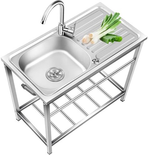 Stainless Steel Utility Sink Outdoor Sink Tub Free Standing Single Bowl Hand Basin Washing Station Fish Cleaning Table with Faucet Drain Basket Shelf Towel Bar, for Kitchen Garden Laundry Room Garage