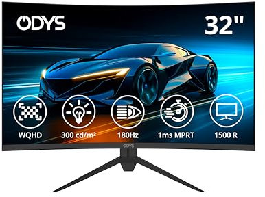 ODYS Gaming Monitor XP32-X - 32 Zoll (80 cm), Curved (1500R), 180 Hz, WQHD (2.560x1.440 px), 1 ms Reaktionszeit (MPRT), HDR, FreeSync/G-Sync komp., Eye Care, HDMI, DP, 3,5mm Audio