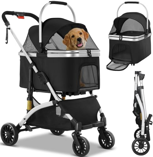 Foldable Pet Stroller - 3 in 1 Dog and Cat Pushchair with Storage Basket Net Window Cup Holder - 360° Wear-Resistant Rubber Wheels Travel Carrier for Small Pets (Silver Black)