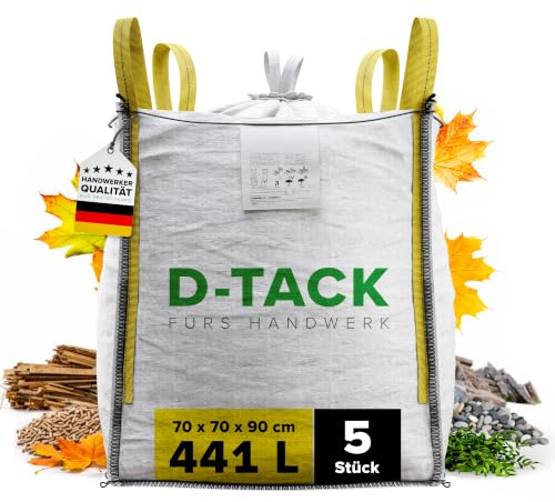 D-TACK 5x Big Bag | 70 x 70 x 90 cm | Säcke für Bauschutt, Holz, Laub, Kies, Sand, Erde, Gartenabfall, Grünschnitt, Pellets | 4 Schlaufen für Kran & Stapler | 1.000 kg | Inkl. Schürze zum Zubinden