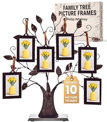 Philip Whitney Family Tree Picture Frame Display - Includes 10 Hanging 2x3 Picture Frames and 13 Polished Metal Tree, Gifts for Mom, Home Décor, Housewarming Gift, Mothers Day Gifts