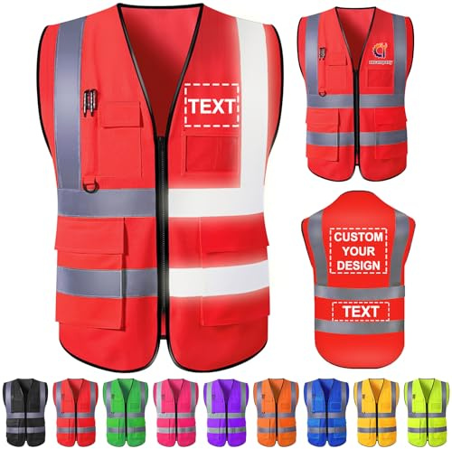 Gridachi Personalisierte Warnweste mit Logo – Reflektierende Sicherheitsweste mit Reißverschluss & Taschen – Hochsichtbare Arbeitsweste für Herren & Damen – Bedruckbar
