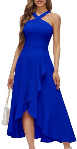 Bbonlineklänning, aftonklänningar, elegant för bröllop, festlig klänning, halterneck, cocktailklänning, maxilang, festklänning, kungsblå, 3XL
