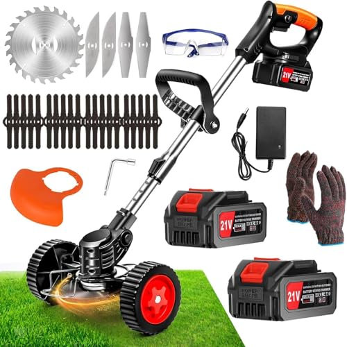 Tucssarg 21V Cordless Strimmer, Adjustable Garden Strimmer with 2 4.0Ah Batteries and 4 Blade Types Grass Trimmer, Telescopic Lightweight Grass Cutter, Brush Cutter for Yard,Garden, Sidewalk Edges