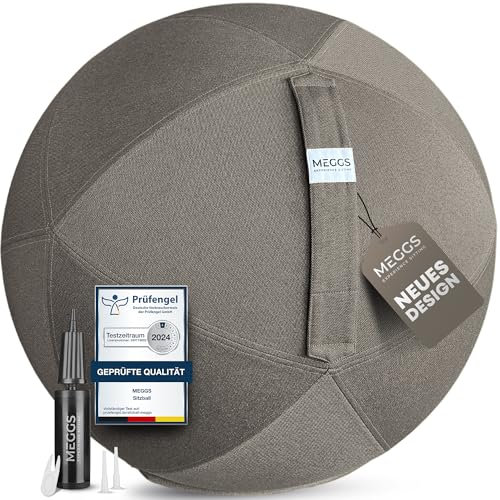 MEGGS® Stoff-Sitzball 65cm, Ergonomisch Sitzen im Büro & Zuhause, [Wegrollschutz & Platz-Sicher], Pezziball, Yoga-Ball, Gymnastikball für Schwangerschaft, Waschbarer Stoffbezug, Farbe: Taupe