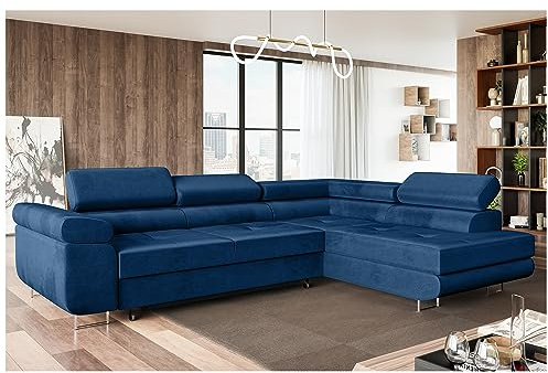 MEBLINI Schlafcouch mit Bettkasten - Ecksofa mit Schlaffunktion - Sofa mit Relaxfunktion und Kopfstützen - Couch L-Form - Eckcouch - Wohnlandschaft - MALIBA - 277x203x63cm Rechts - Blau Samt