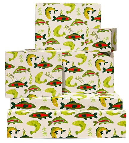 Papier Cadeau Poisson - Poisson du Lac - 6 Feuilles - Emballage Vert Pour Toutes Occasions, Noël, Anniversaire, Mariage - Pour Adultes, Mamans, Papas, Grands-Pères, Filles, Garçons, Hommes, Femmes