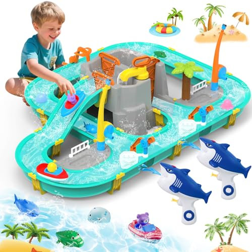PATEMZON Wassertisch Spielzeug, Wasserbahn Kinder Draußen mit Rutsche und Angelfunktion, 2 in 1 Wasserspielzeug Kinder Outdoor mit 2 Boote, 2 Angelruten und 2 Kleine Wasserpistolen für 3+ Jahr