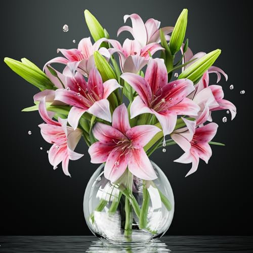 DBCMEW 6PCS Pink Artificial Lilies Set, Short Stem Artificial Flowers with 12 Heads Fully Bloomed Lilies and 6 Buds for Wedding Home Hotel Office Decoration