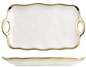 H&H Vassoio Gala in Porcellana Bianca con Bordo Oro e Manici – 20x34,5 cm – Elegante e Raffinato – Uso Manuale Consigliato