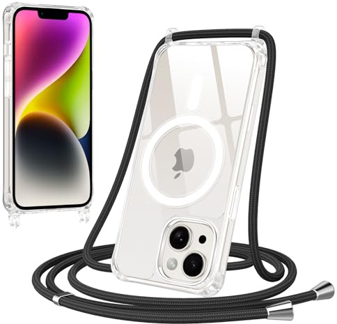 Jrkvniv Magnetica Trasparente Cover per iPhone 14/iPhone 13 con Cordino, Compatibile con Magsafe, Trasparente Ultra Sottile Silicone TPU Antiurto Custodia con Collana Laccio per iPhone 14, Nero