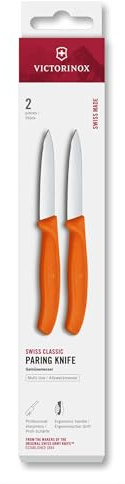 Victorinox Swiss Classic, Juego de cuchillos peladores y peladoras, 2 piezas, Hoja extra afilada, Filo recto para cortes precisos, 8 cm, Acero inoxidable, Naranja