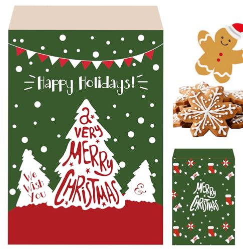 MOMAHUA 100 Stück Weihnachtstüten aus Papier - Mini Papiertüten Weihnachtsgeschenktüten Geschenktüten mit Weihnachtsbaum Design (18x13 cm) für Süßigkeiten, Goodie Bags, Adventskalender und Partybeutel