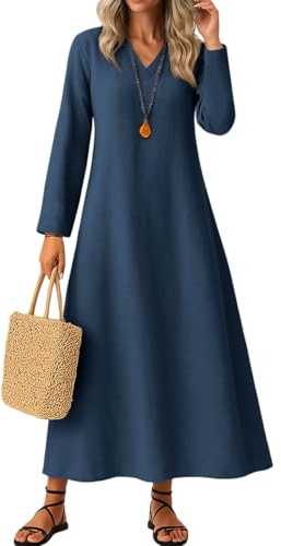 Womens Maxi Dress Ladies' Summer Casual Long Sleeve Midi Dresses with Pocket for Daily, Holiday, Travel, Maternity,Blue,XXL