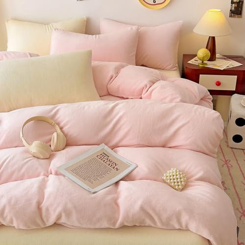 Covebett Winter Flanell Bettwäsche 220x240 Rosa Mädchen Warme Weich Kuschelig Flauschig Bettbezug Microfaser Plüsch Coral Fleece Bettwäsche-Sets 3 Teilig mit Reißverschluss und Kissenbezüge 80x80 cm