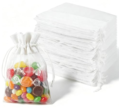 30 Stück Organzasäckchen Weiß, Geschenksäckchen Organza 15x20, Organza Säckchen Klein mit Schnur, Organzabeutel für Schmuck Hochzeit Party Feiern Weihnachten Geburtstag