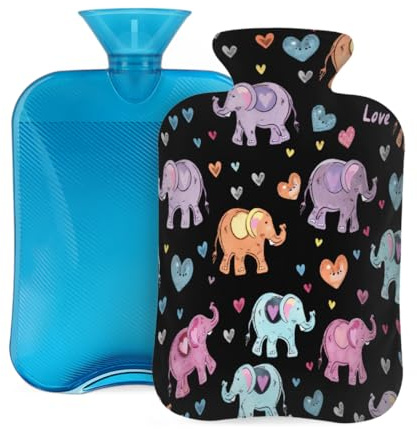 Mexpekil Hot Water Bottle with Soft Flannel Cover 2L Large Hot Water Bag for Pain Relief, Warm Hands, Feet & Body Ideal Gifts for Adults Kids (Cute Elephants)