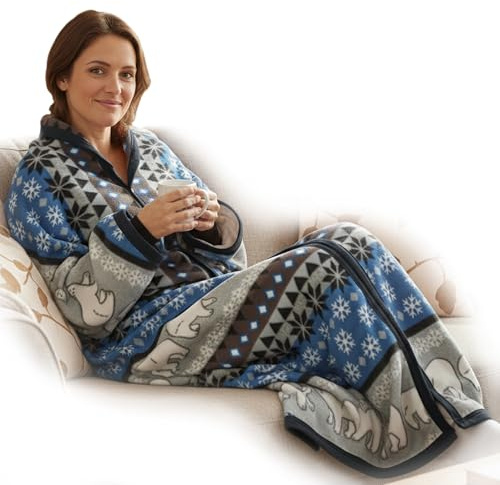 NYVI Ärmeldecke CozyBear - Kuscheldecke mit Ärmeln - TV Blanket mit Reißverschluss für Erwachsene & Kinder - TV Decke mit Ärmeln -Kuschelweich, Wärmend, Atmungsaktiv - 150x170 cm Blau