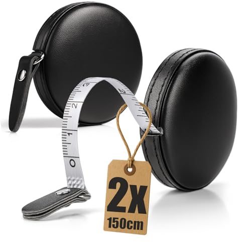com-four® 2x Rollmaßband 150 cm in schwarzer Lederhülle, Zentimetermaß | handliches - platzsparendes - weißes Bandmaß 0,8 cm breit