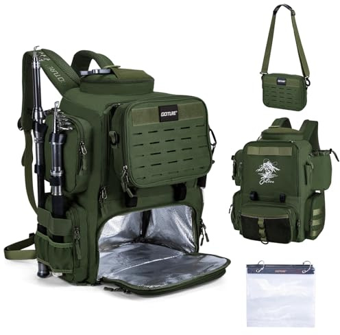 Goture Angelrucksack, 58L 900D wasserabweisend, isoliert, Angelrucksack mit Kühler, Rutenhalter, 8 Ködertaschen, abnehmbare Umhängetasche, Ausrüstungsaufbewahrung, große Angeltasche für Camping
