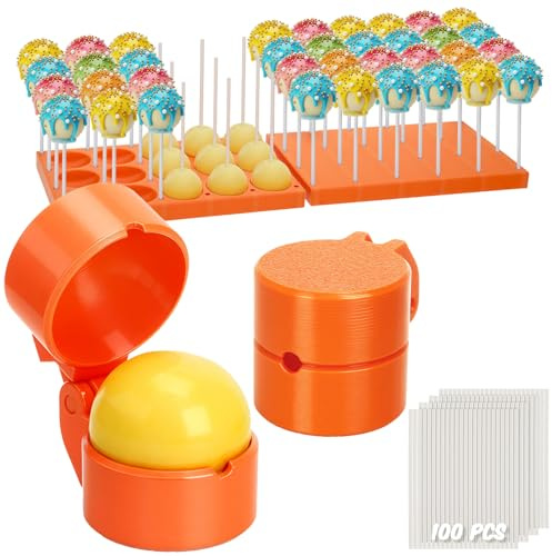 Yiyiring 2 Pack Round Cake Pop Mold Press Set with Display Stand-capable Tray and 100 Pcs Sticks, Circle Cake Pop Cutter and Pusher, Baking Tools Accessories for Home Baking, Parties, Wedding Desserts