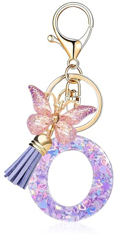Porte-clés avec lettre,Porte-clés pour fille,porte-clés papillon,avec pendentif papillon et pampille,pour Cadeau femmes et filles (O, Violet)
