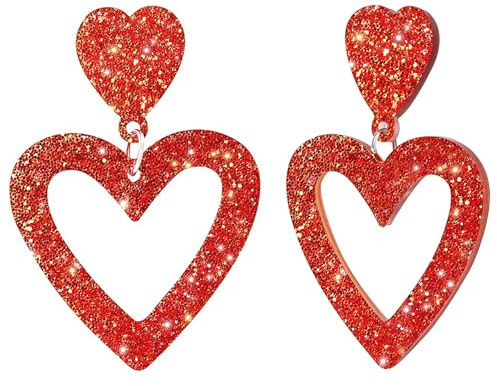 Muorruo Glitzernde Herzohrringe, Acryl-Doppelherz-Ohrhänger für Damen, rote Rave-Ohrringe, herzförmige Ohrringe, Schmuckgeschenk zum Valentinstag für Freundin, Ehefrau oder Schwester