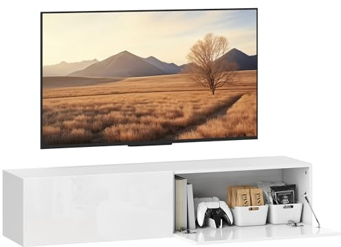 HOMCOM TV Schrank hängend 140 cm mit Stauraum TV Board für Fernseher bis 65 Zoll Lowboard und Fernsehtisch Fernsehschrank für Wohnzimmer Hochglanz Weiß