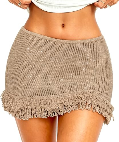 Navneet Women Boho Mini Skirt Fringe Bodycon Short Skirt Sexy Low Rise Micro Skirts Club Festival Outfits Beach Holidays Beige XS