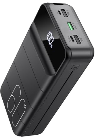 PDBEST Power Bank 60000mAh, 22,5 W USB-C Schnellladung Große Power Bank | 4 Ausgänge 2 Eingänge, LED Display, Integrierte Taschenlampe, Großer Kapazität, Reise-Essential für iPhone & Android Schwarz