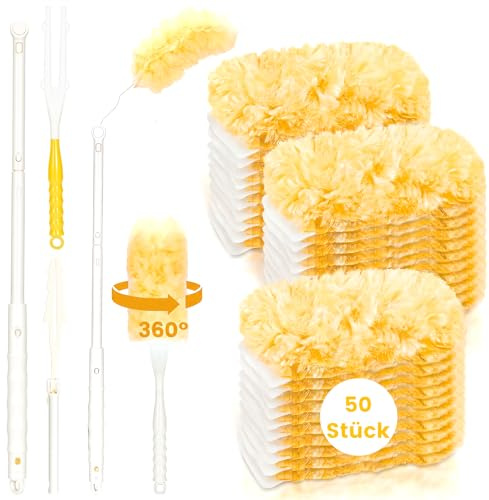 Iyxeo Lot de 50 recharges de plumeau magnétique à 360° avec barre télescopique et poignée, compatible avec l'aimant à poussière Swiffer, chiffons à poussière double face pour meubles et stores, orange