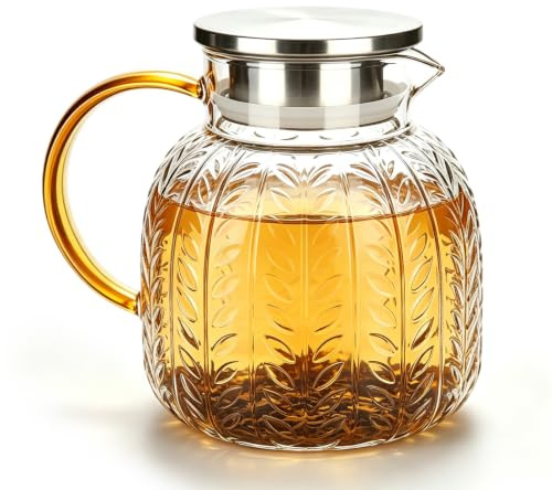 Vattenkanna, tekanna 1,3 liter av borosilikatglas, värmebeständig glaskanna med lock i rostfritt stål och integrerad sil, för svart te, fruktte, blomte, juice, mjölk, kaffe