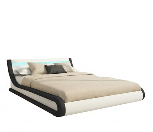 MB Muebles Bonitos | Cama de Matrimonio Parisina para Colchón de 160x200 cm | Luz LED | Canapé Abatible | Somier de Láminas | Estructura de Madera tapizada en Polipiel | Color Blanco y Negro