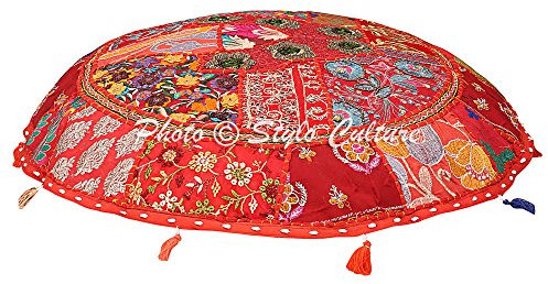 Stylo Culture Bodensitzkissen 100x100 cm Indisch Dekorativ Rund Groß Sitzpouf Kissen Vintage Rot Boho Patchwork Wohnkultur Baumwolle Bestickt Bodenkissen Garten