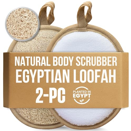 CraftsOfEgypt Egyptian Natural Loofah Body Scrubber Pads, Double Sided Luffa Sponge for Women and Men, Deep Scrubbing Shower Face Back and Body, Loofa Luffah Exfoliation Pads – 6.9x4.7 Inches, 2 Pack