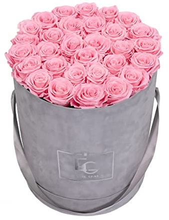 EMMIE GRAY CLASSIC INFINITY ROSENBOX | VELVET GRAY | Runde Flowerbox - Infinity Rosen in grauer Samtbox - 1-3 Jahre Haltbarkeit - Echte Rosen, die jahrelang blühen - Haltbare Rosen (L, Bridal Pink)