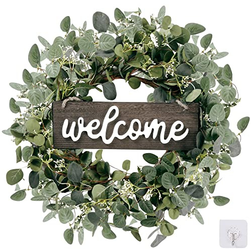 Sggvecsy Green Eucalyptus Leaf Wreath with Welcome Sign 20in Artificial Eucalyptus Wreath Spring Summer Wreath for Front Door Wall Window Farmhouse Festival Porch Patio Garden Decor